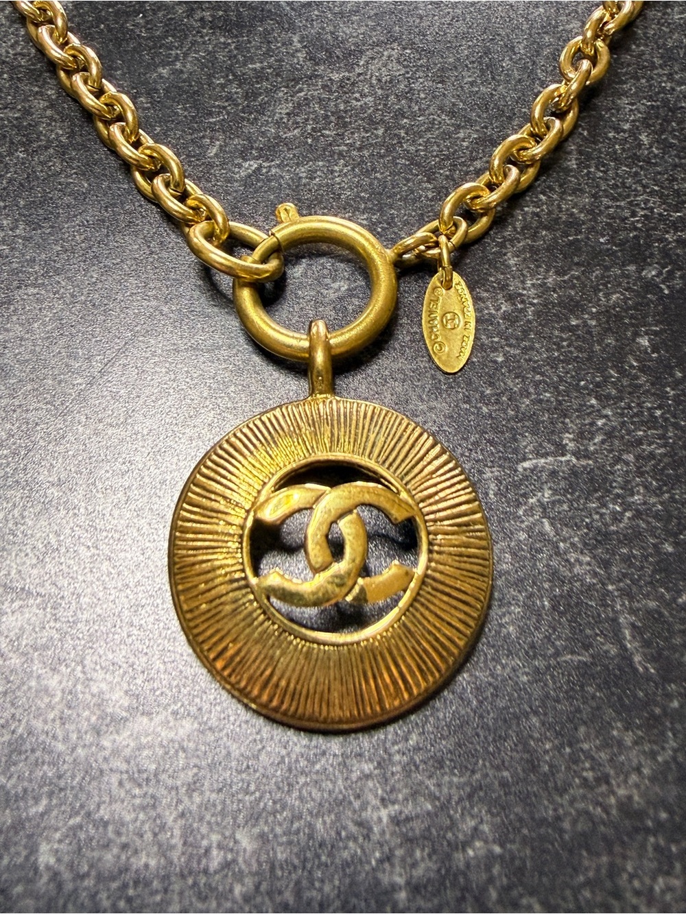 VINTAGE CHANEL COCO Mark Heavy Necklace Pendant Gold Plated CC France 20”